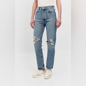 AGOLDE Riley high-rise straight-leg distressed denim jeans in a light wash